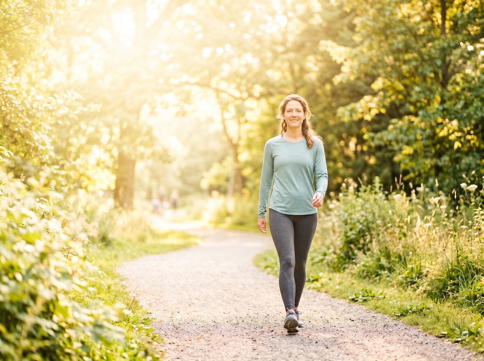 Woman walking comfortably along a sunlit park path