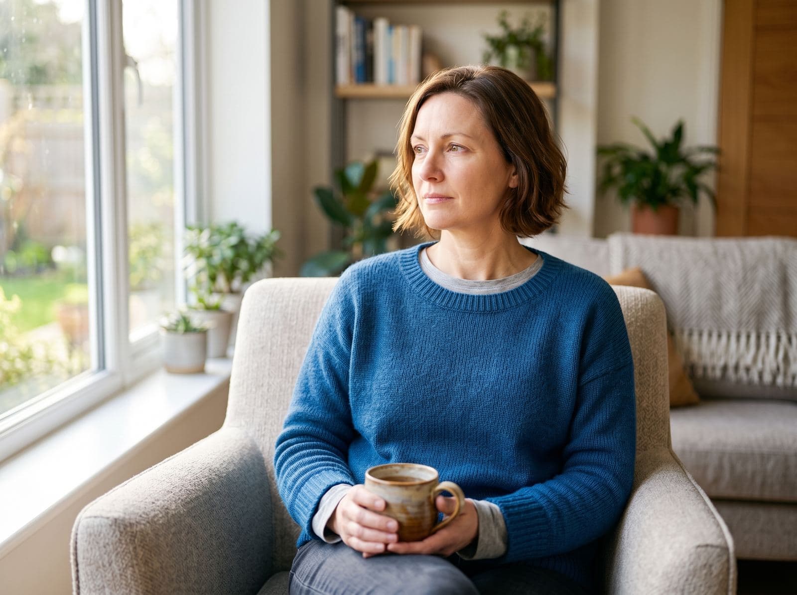 Woman sitting in an armchair at home, looking out the window in quiet discomfort