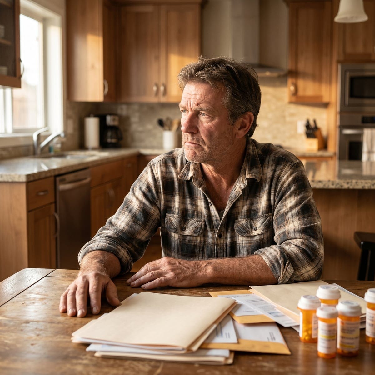 Australian man at a kitchen table with paperwork and medications, reflecting on chronic pain