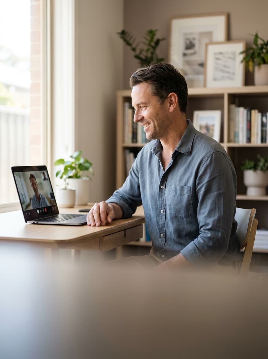 Man smiling during a telehealth video consultation at a home office desk with warm natural light