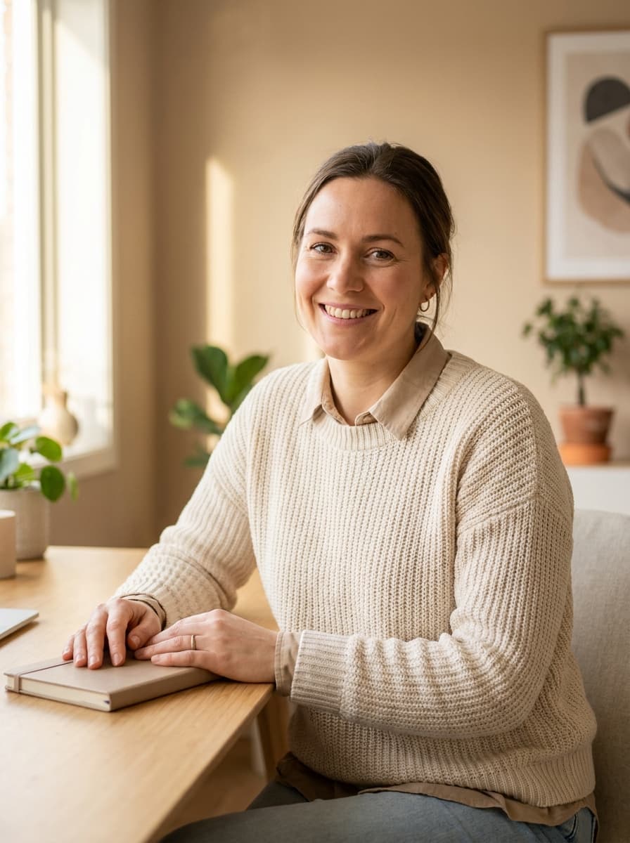 Woman in a cosy knit sweater smiling warmly at a laptop in a bright, plant-filled home office