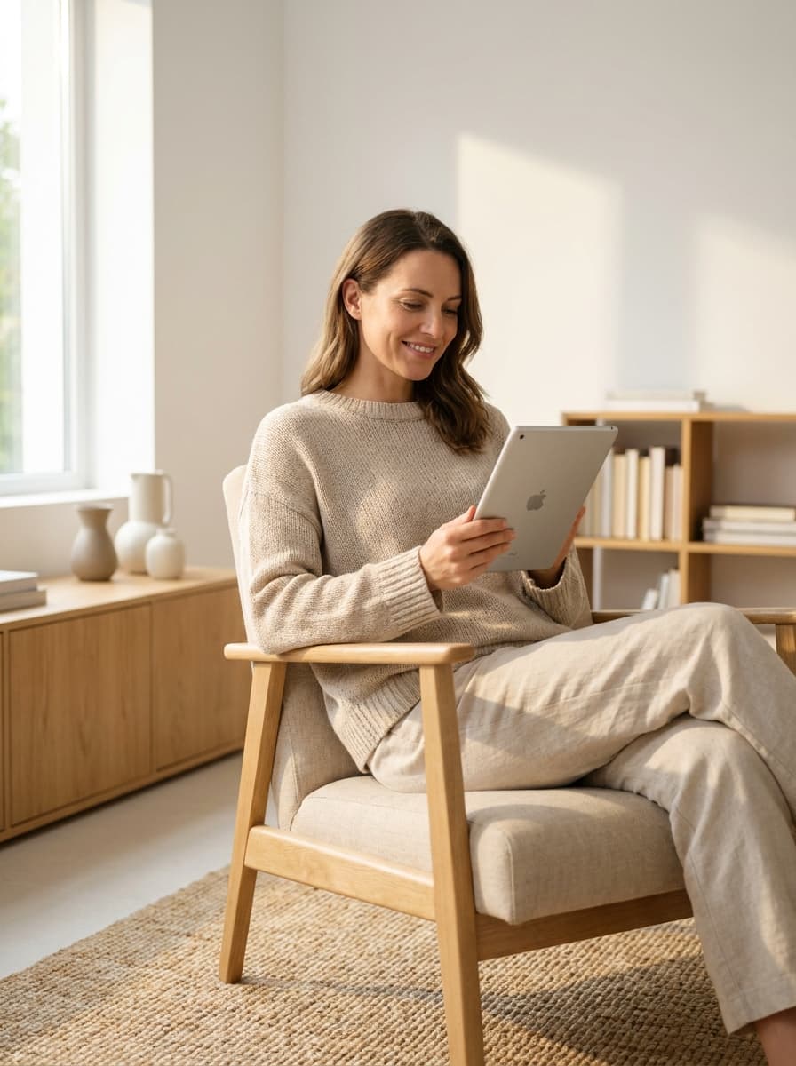 Woman sitting comfortably in a modern wicker chair, using a laptop in a warm, sunlit living room